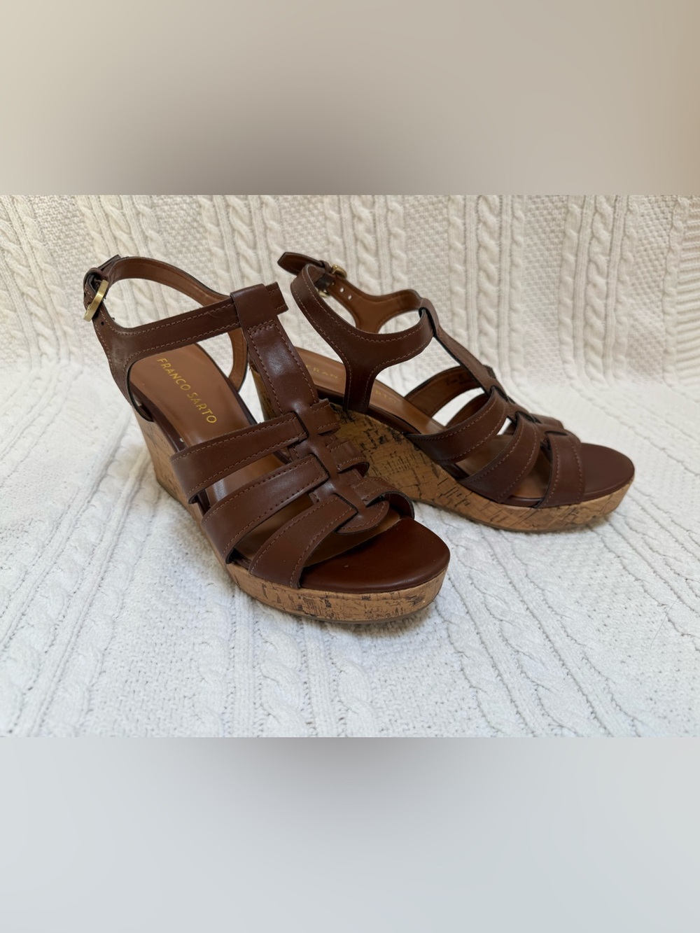 Franco Sarto Dark Brown Faux Leather Cork Wedge Sandals